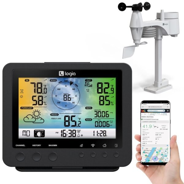 Logia Estación meteorológica Wi-Fi 5 en 1 | Sistema de monitoreo remoto para interiores y exteriores que muestra temperatura, humedad, velocidad/dirección del viento, lluvia y más | Consola LED